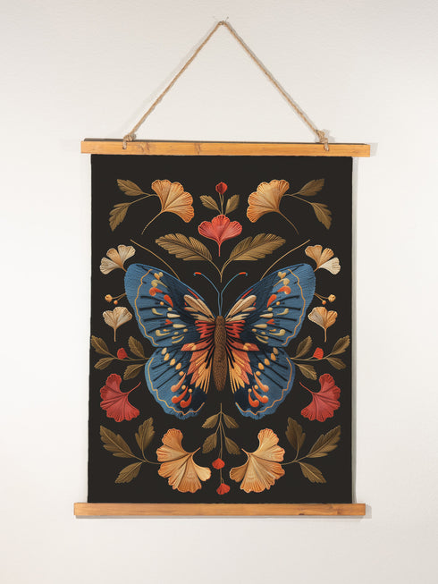Ancient sunsets meet twilight waters in this captivating botanical symphony of light and shadow. This extraordinary wall hanging showcases a majestic sapphire butterfly adorned with vibrant coral and golden accents, framed by a harmonious arrangement of amber and coral ginkgo leaves against midnight velvet. The intricate 3D print replicates the dimensional quality of fine embroidery, each golden vein and azure wing rendered with museum-quality precision. A breathtaking centerpiece for entryways, reading noo